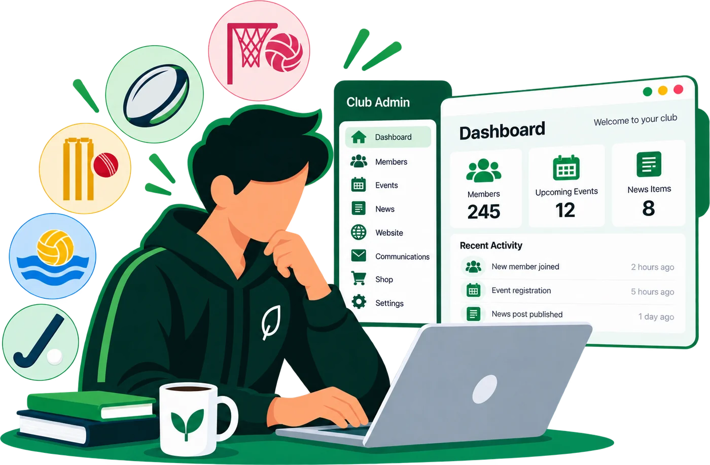 A club volunteer at a laptop with the AllGrassroots admin dashboard, surrounded by rugby, netball, cricket, water polo and hockey icons.